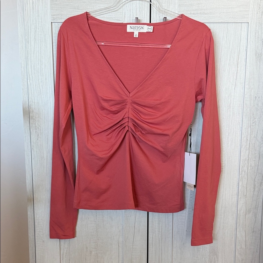 Nation LTD Clara Long Sleeve V-Neck Ruched Front Top in Mauve Pink